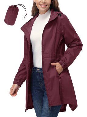 Women's Wine Red Waterproof Long Coat Packable Breathable Rain Jacket with Hood
